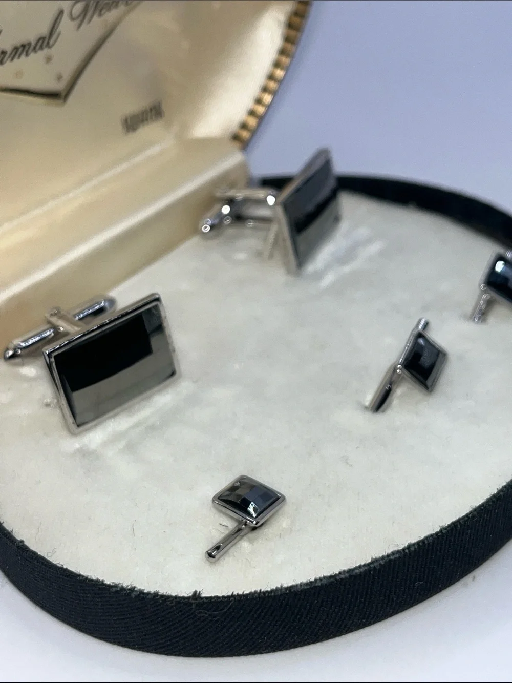 SWANK Black and Silver Rectangular Cufflinks with Matching Studs